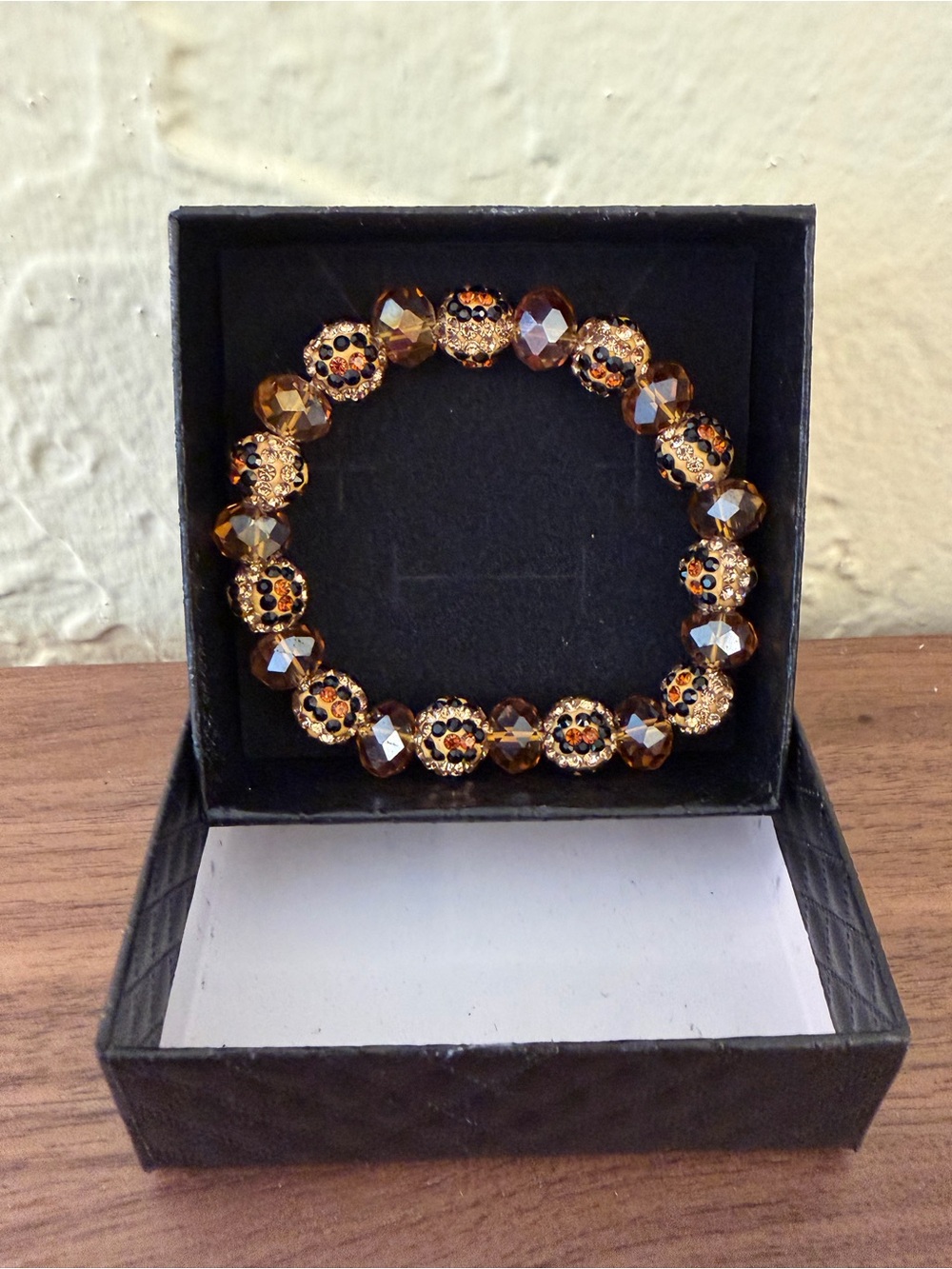 Handmade Amber Brown Crystal Rhinestone Beaded Stretch Bracelet - Picture 1 of 3
